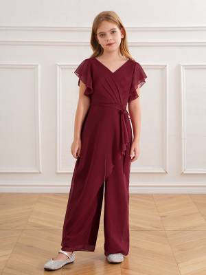 Kids Girls V Neck Chiffon Short Sleeve Empire Waist Party Jumpsuit front image