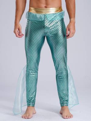 Men Mermaid Aquaman Costume Metallic Shiny Fishscale Print Pants front image