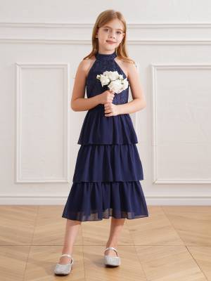 Kids Girls Halter Sleeveless Floral Lace Tiered Ruffles Flower Girls Dress front image