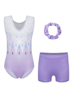 Kids Girls Sleeveless Sequined Mesh Metallic Gymnasstic Leotard with Shorts front image