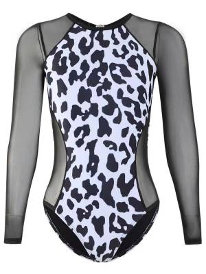 Girl Mesh Long Sleeve Backless Leopard Print One Piece Swimsuit front image