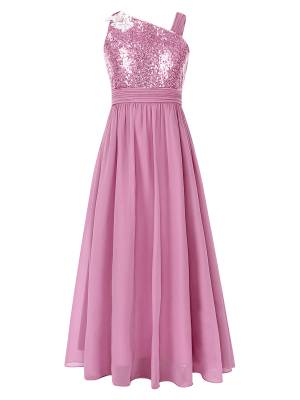 Girls Sleeveless Sequins Butterfly Bowknot A Line Junior Bridesmaid Dress front image