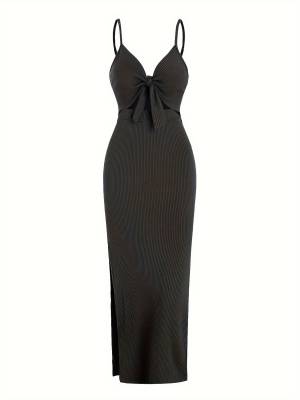 Women V Neck Backless Side Slit Maxi Bodycon Dress for Beach Vacation front image