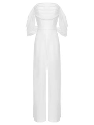 Women Off Shoulder Build-in Pad Leg Slit Jumpsuit For Wedding Cocktail front image