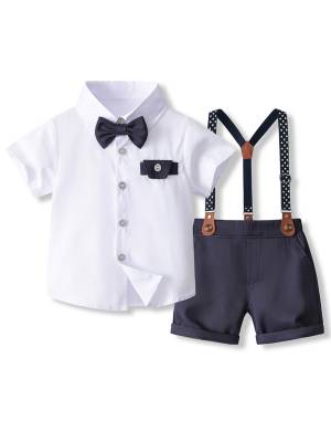 Toddler Boys Short Sleeve Shirt with Bowtie and Suspenders Pants Formal Suit front image