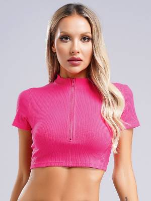 Women Stand Collar Short Sleeve Ribbed Front Zipper Sports Crop Top front image