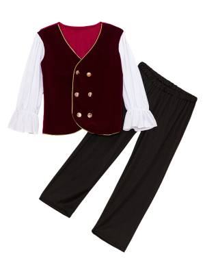 Boys Long Sleeve 2 in 1 Double Breasted Jacket and Pants Medieval Costume Set front image