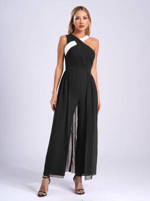 Women Asymmetrical Neck Sleeveless Built-in Chest Pad Party Jumpsuit front image