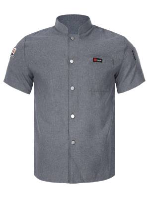 Men Women Stand Collar Short Sleeve Button Chef Shirt front image