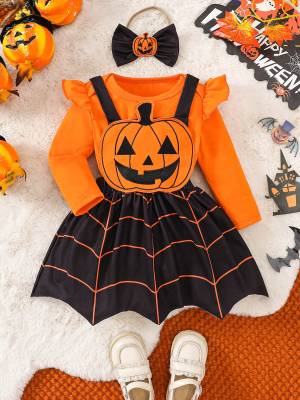 Baby Girl Romper and Dress Set Pumpkin Spider Web Halloween Costume front image