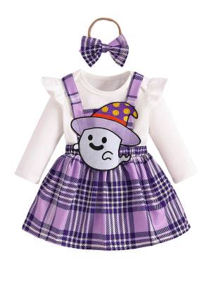 Baby Girls Halloween Long Sleeve Ghost Print Romper and Dress Set with Headband front image