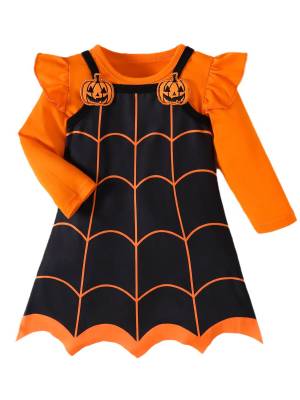 Toddler Girl Halloween 2pcs Long Sleeve T-Shirt and Pumpkin Tank Dress Set front image