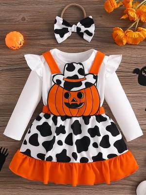 Baby Girl 3pcs Halloween Long Sleeve Romper and Pumpkin Dress with Headband front image