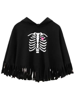 Toddler Girl Skeleton Print Tassels Hooded Cape Halloween Costume front image