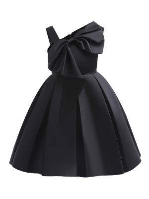 Kids Girls Asymmetrical Shoulder Big Bowknot Birthday Ball Gown Dress front image