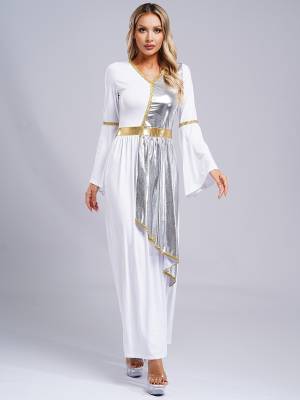 Women V Neck Flare Sleeve Metallic Overlay Roman Greek Toga Dress front image