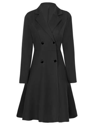 Women Solid Color Notch Lapel Long Sleeve Double-breasted Long Coat front image