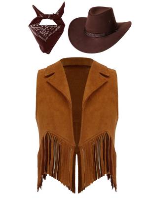 Girl 3pcs Cowgirl Costume Suede Tassels Vest with Hat Bandanna Set front image