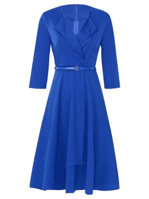 Women Lapel V Neck 3/4 Sleeve High Waist Wrap A-line Dress with Belt front image