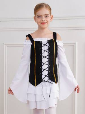 Girls 2pcs Long Sleeve Ruffle Dress and Suede Vest Halloween Pirate Costume Sets front image