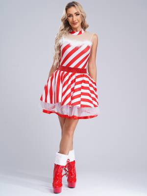 Women Christmas Candy Cane Costume Sleeveless Sequins Striped Tutu Dress front image