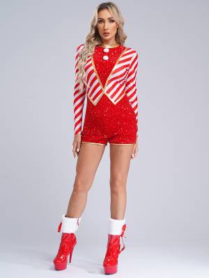 Women Long Sleeve Stripes Sequins Romper Christmas Candy Cane Costume front image