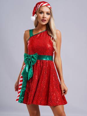 Women Christmas Sleeveless Sequins Stripes Dress with Hat Santa Claus Costume front image