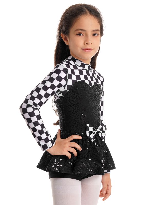 Kids Girls Racer Costume Sequin Checkerboard Printed Bodysuit thumb