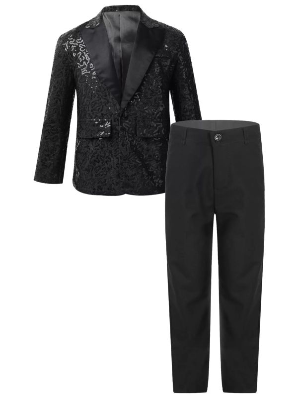 Kids Boys Sequins Lapel Blazer Tuxedo and Pants Formal Suits thumb