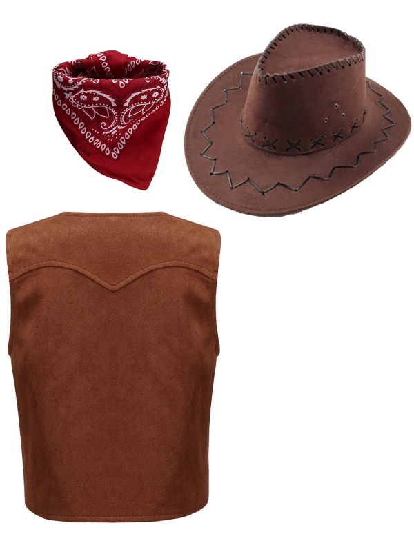 Kids Boys 3pcs Western Cowboy Vest with Bandanna and Hat Halloween Set thumb