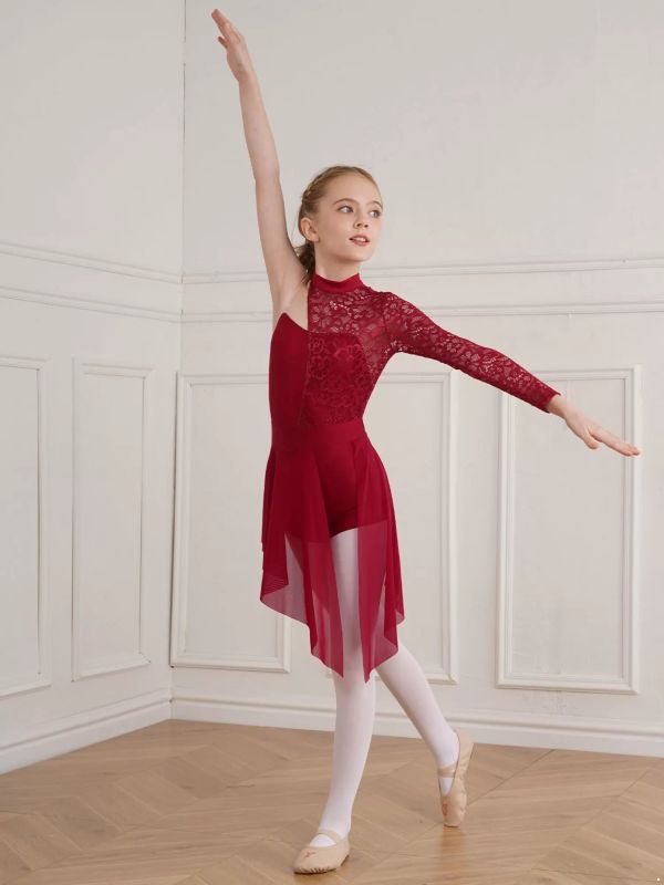 Kids Girls Floral Lace One Shoulder Lyrical Dance Dress thumb
