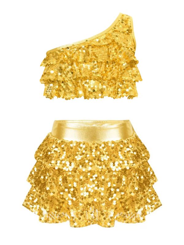 Kid Girls 2pcs Sequin Tiered Ruffles Crop Top and Skirt Short Jazz Set thumb