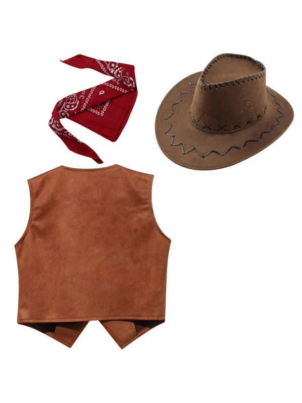 Kids Boys 3pcs Brown Western Cowboy Cosplay Party Vest and Hat Set thumb